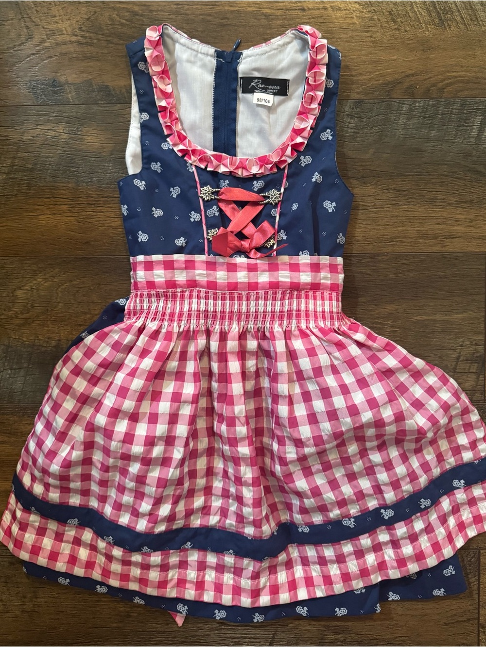 Ramona Lippert Children’s German Dirndl Dress Gingham Floral Blue & Pink Sz 3/4